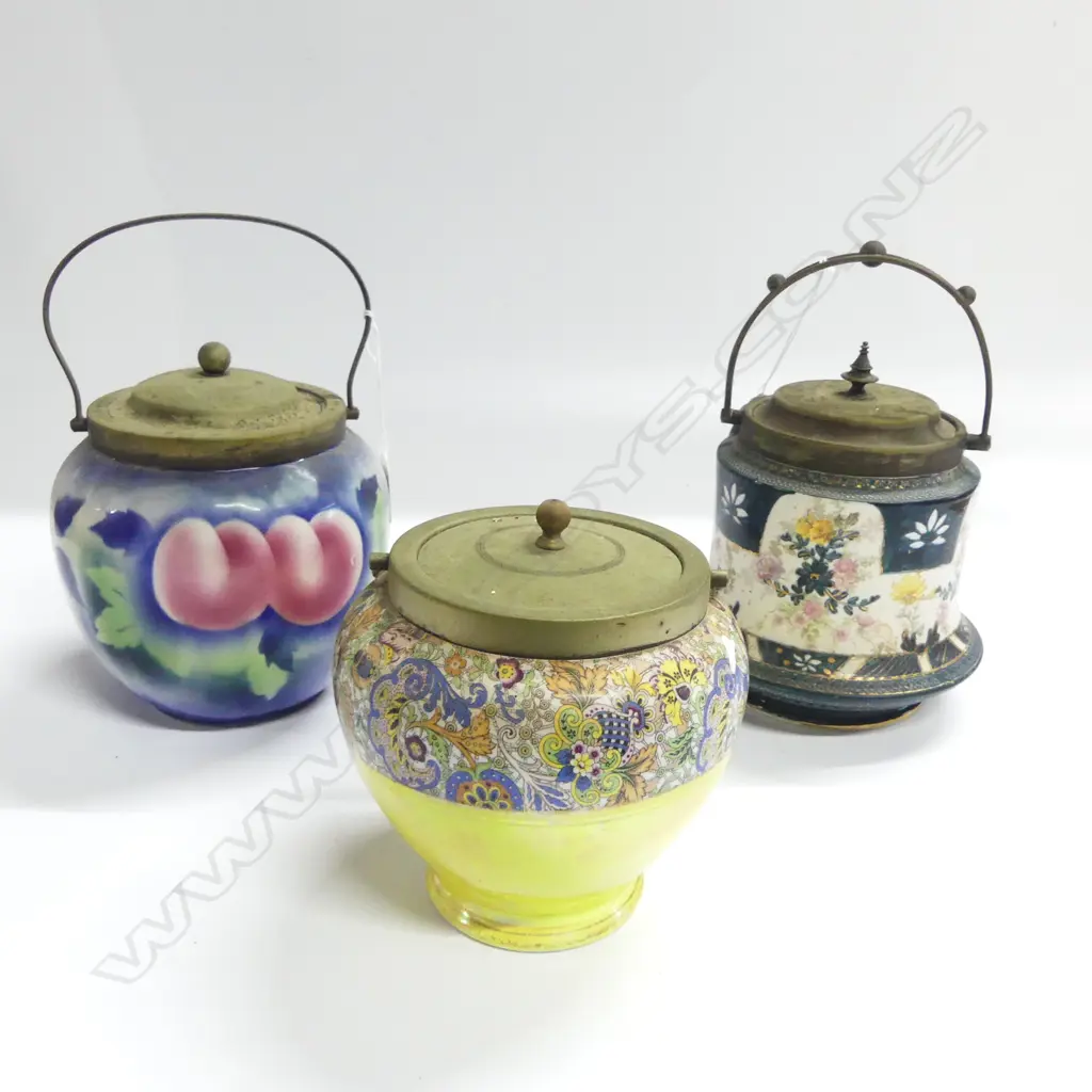 3 EDWARDIAN CHINA BISCUIT BARRELS. H.170mm TALLEST Image 1++