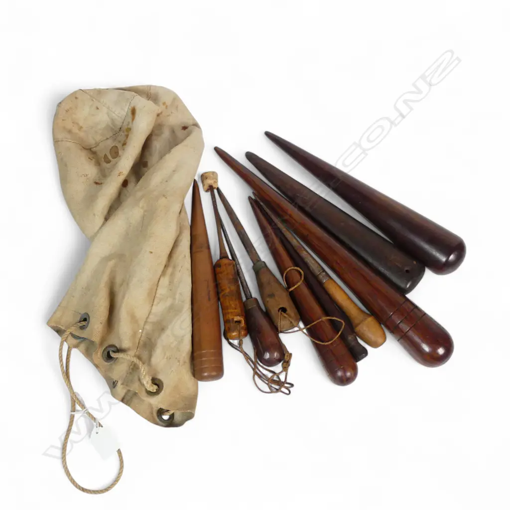 CANVAS SEAMAN'S BAG WITH 10 WOOD & METAL ROPE WORKING FIDS L.460mm Image 1++
