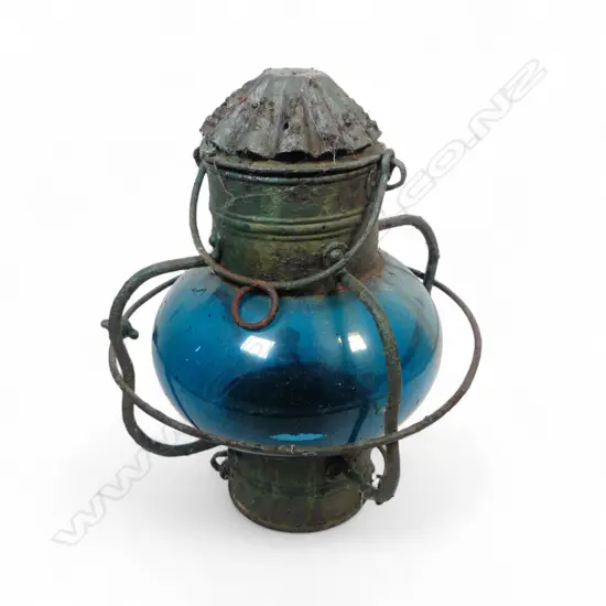 VINTAGE IRON & BLUE GLASS SAILING SHIPS, LAMP. H.430, DIA.270mm