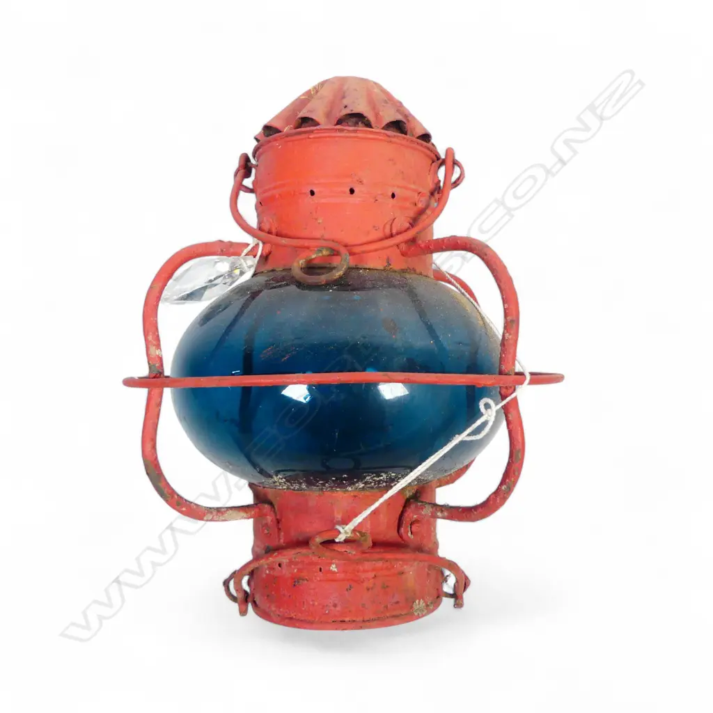 VINTAGE RED PAINTED, BLUE GLAZED SAILING SHIPS’ LAMP H.430mm, DIA.270mm Image 1++