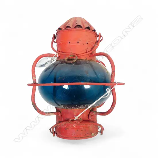 VINTAGE RED PAINTED, BLUE GLAZED SAILING SHIPS’ LAMP H.430mm, DIA.270mm