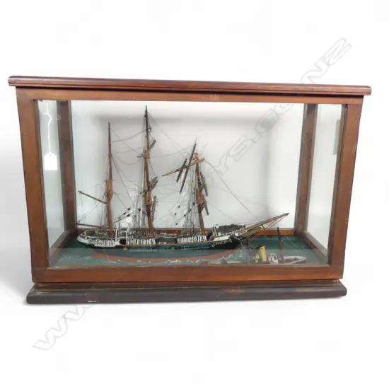 VINTAGE CASED SAILING SHIP DEMASTED & TUG BOAT L710 H450MM