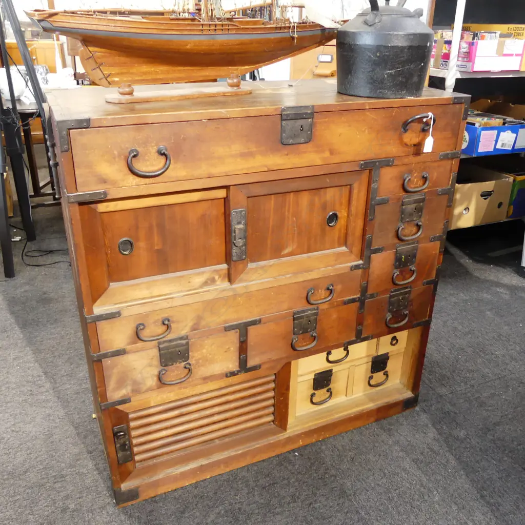 VINTAGE IRON BOUND PINE JAPANESE TANZU CHEST, 950x400x980mm Image 1++