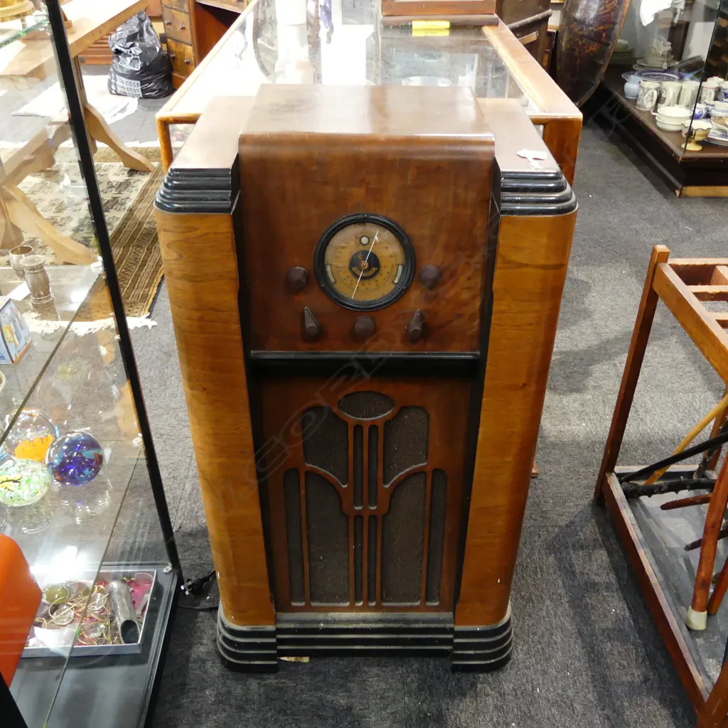 VINTAGE FLOOR STANDING WALNUT SKYSCRAPER BRAND RADIO H980 W500MM Image 1++