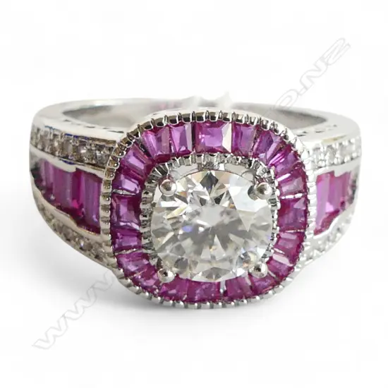 DECO STYLE RING SILVER w CENTRAL MOSSONITE & CZ ACCENTS, GRA CERT.