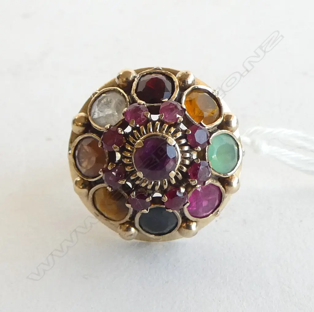 **RTV** GOLD PRINCESS DRESS RING with MULTI COLOURED STONES, 8gms  SIZE R, 8gms Image 1++