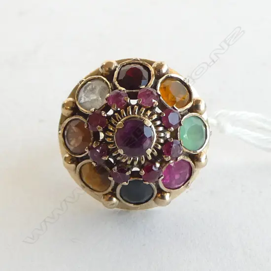 **RTV** GOLD PRINCESS DRESS RING with MULTI COLOURED STONES, 8gms  SIZE R, 8gms