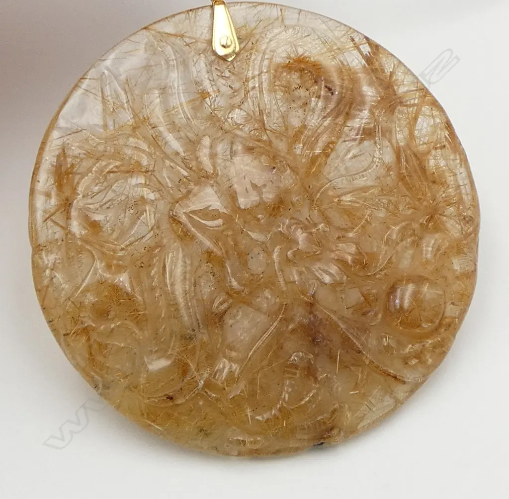 **RTV** Golden tone Rutilated quartz LARGE CARVED DISC PENDANT Dia.55mm Image 1++