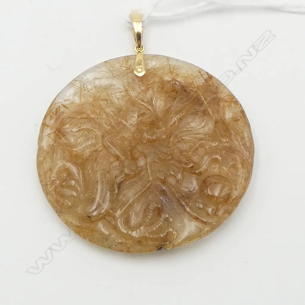 **RTV** Golden tone Rutilated quartz LARGE CARVED DISC PENDANT Dia.55mm Image 1++