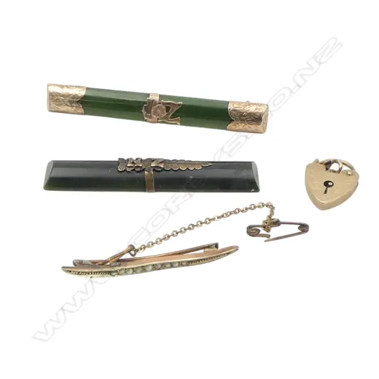 9ct GOLD HEART BRACELET CATCH + 9ct GOLD & PEARL CRESCENT BROOCH. 3.3gms + 2 pounamu & gold pces faulted