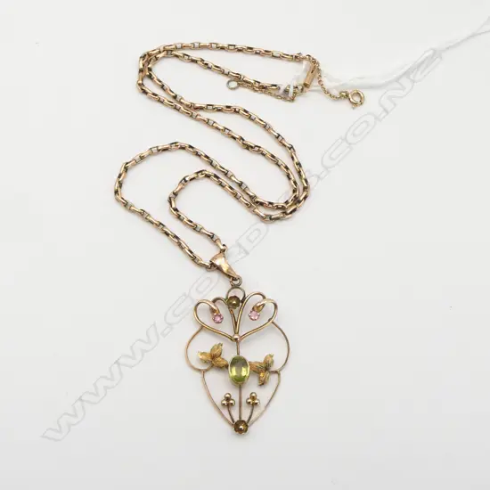 c.1900 EDWARDIAN 9ct GOLD GEM SET PENDANT ON CHAIN L.420mm 7.8gms