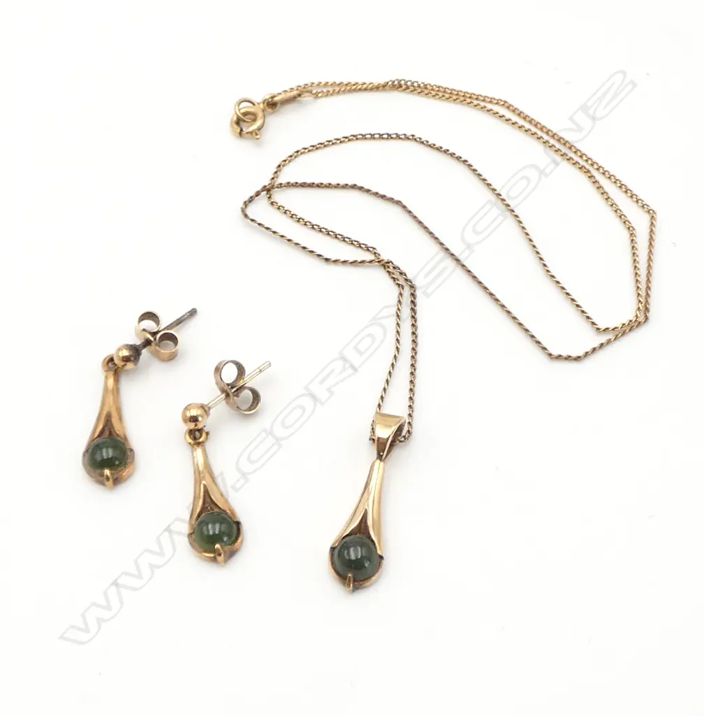 9ct rose GOLD & POUNAMU PENDANT NECKLACE & EARRING SET 4.58gms Image 1++