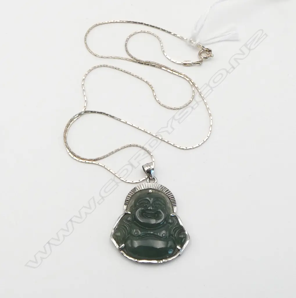 JADE? HOTEI PENDANT ON STG SILVER CHAIN Image 1++