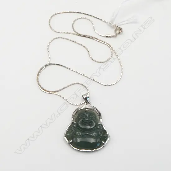 JADE? HOTEI PENDANT ON STG SILVER CHAIN