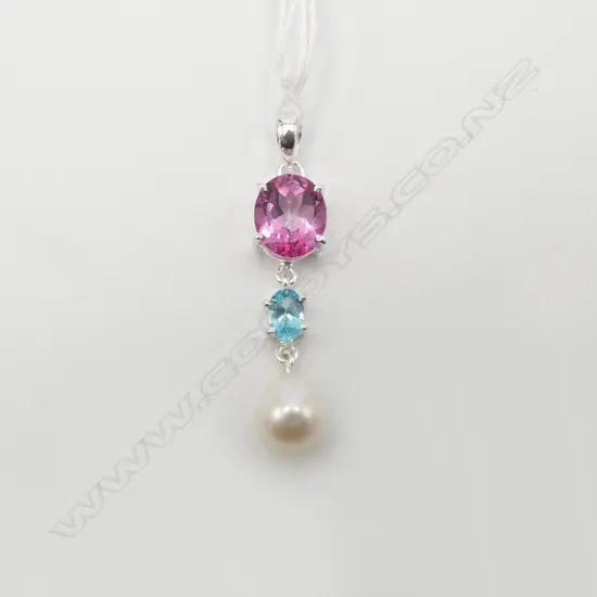SILVER PINK AMETHYST & PEARL PENDANT, L.40mm