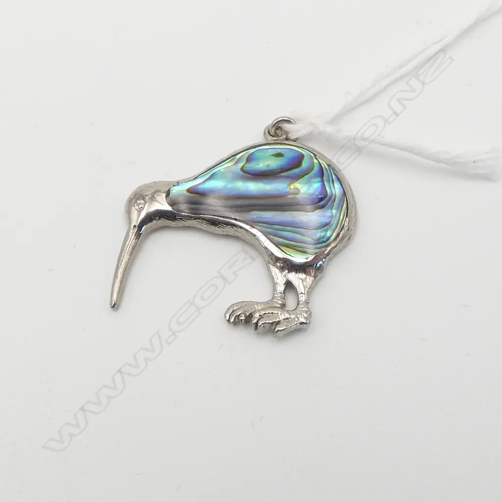 NZ silver & paua kiwi pendant. Silver textured back Image 1++