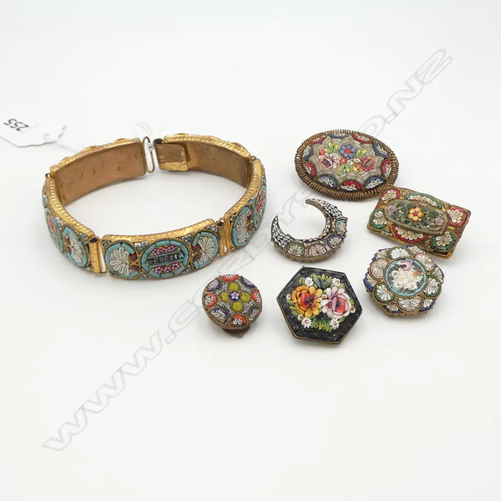 ASST. VINTAG MOSAIC & GILT METAL JEWELLERY; BRACELET, BROOCHES, etc Image 1++