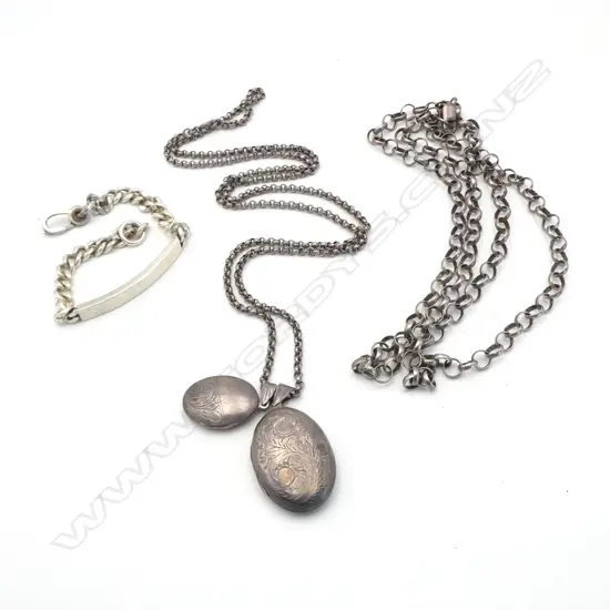 2 LONG SILVER CHAINS 1 w 2 silver lockets + SILVER ID BRACELET 78gms