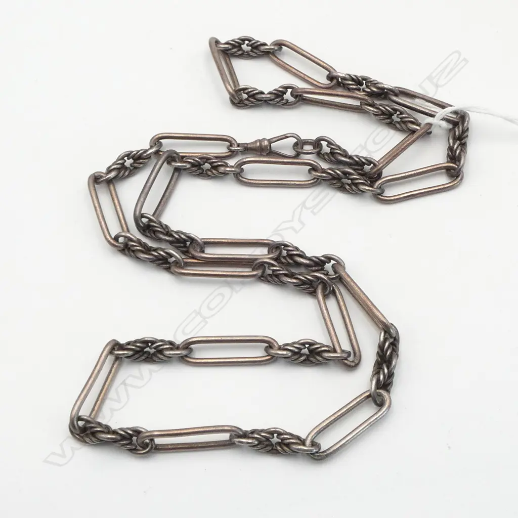 c1900 LONG SILVER ALBERT CHAIN RAIL & PRINCE of WALES LINKS. Single clip. L.740mm. 77gms. Image 1++
