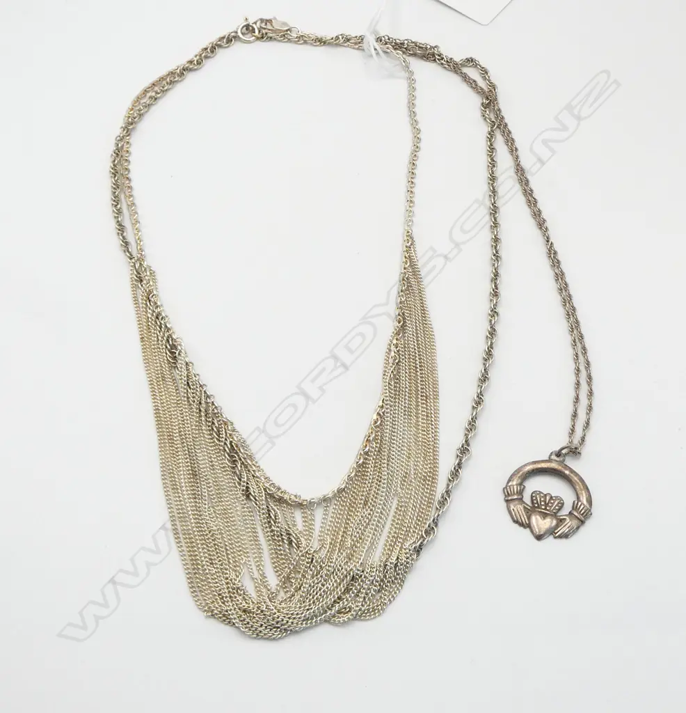 3 VINTAGE SILVER NECKLACES: MULTI-STRAND + CLADDAGH + NECKLACE Image 1++