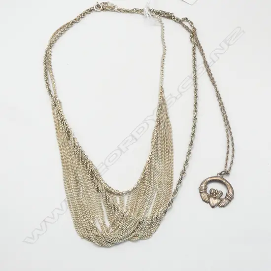 3 VINTAGE SILVER NECKLACES: MULTI-STRAND + CLADDAGH + NECKLACE