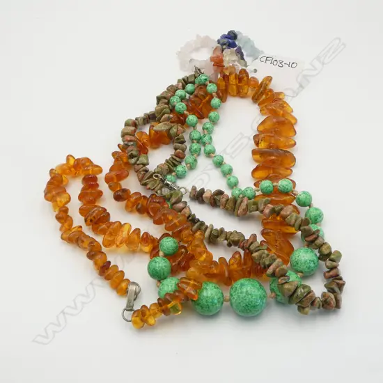 AMBER NECKLACE, 2 OTHER NECKLACES + 2 BRACELETS