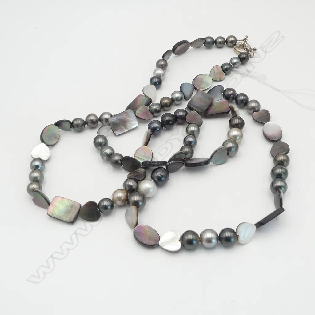 LONG NECKLACE SEMI BAROQUE TAHITIAN PEARLS & MOP carved pieces hearts ovals & rectangular sections. L.1000mm Image 1++