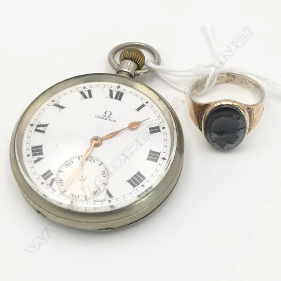 GILDED SILVER? SIGNET RING + OMEGA POCKET WATCH