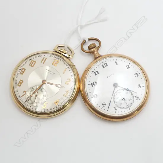 2 GOLD PLATED open face GENT'S POCKET WATCHES: Elgin & Waltham 21 jewel