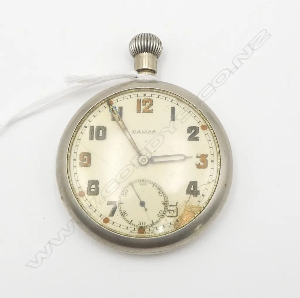 DAMAS MILITARY ISSUE (marked) POCKET WATCH open face. Running. Dial w fault + missing top loop. 'G.S/T.P 52379' & arrow Image 1++
