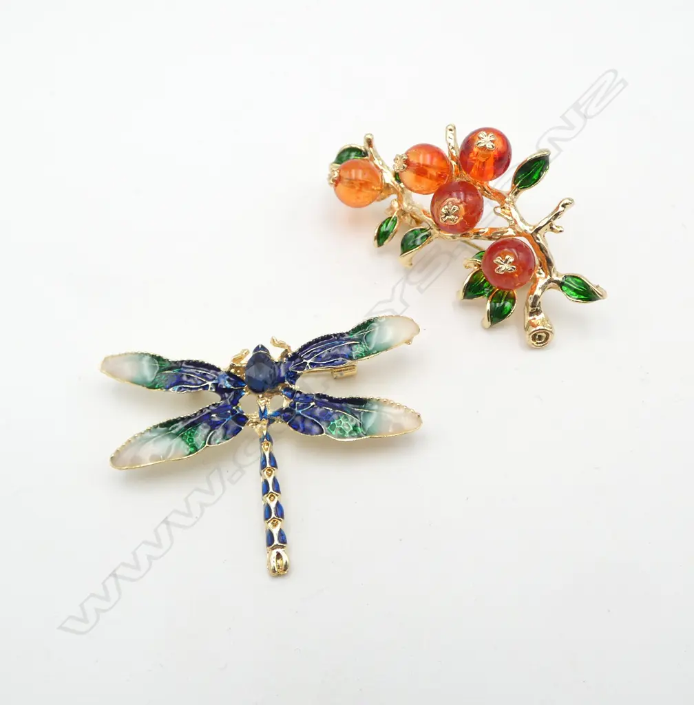 TWO COSTUME BROOCHES; DRAGONFLY & BERRIES Image 1++