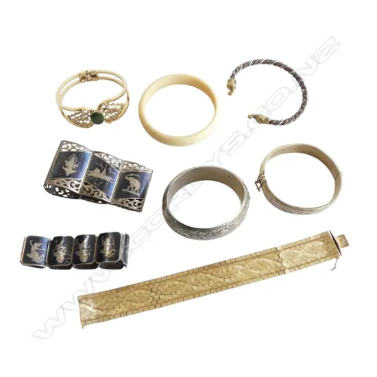 8 VINTAGE BANGLES; 2 SIAM SILVER + 2 engraved stg silver 142gms. 1 stamped 18k but NOT gold. Faults