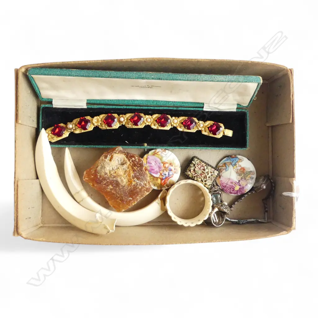 BOX COSTUME JEWELLERY ETC. Boar's tusks + marcasite jewellery + stained ivory carved brooch etc Image 1++