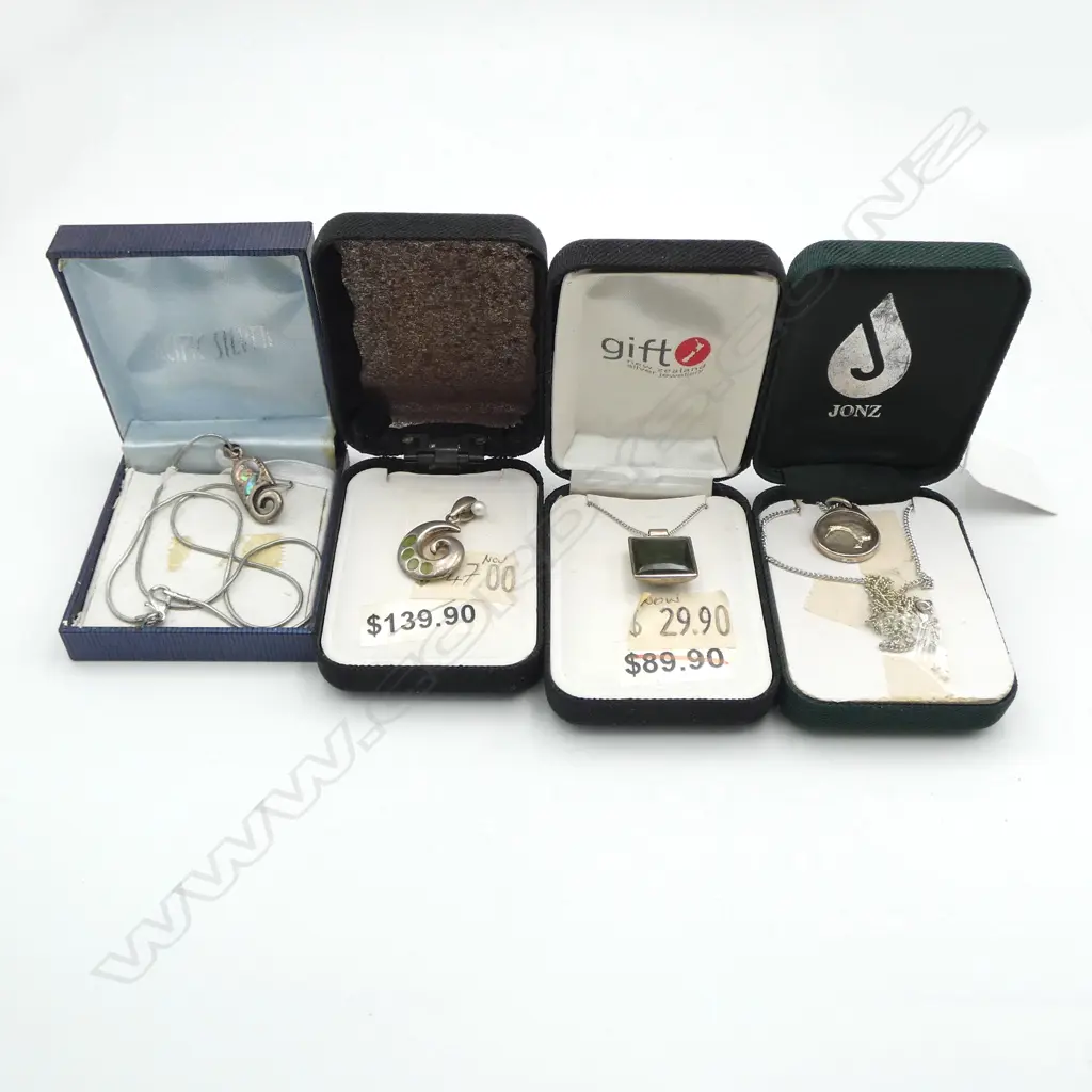 3 N.Z. STG SILVER NECKALCES & N.Z. STG SILVER KORU PENDANT Note the chains are not silver Image 1++