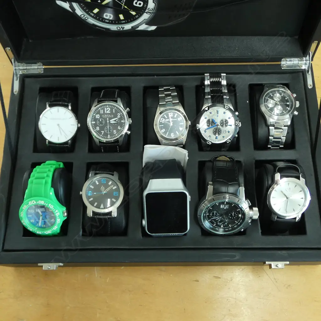 EUROPA WRISTWATCH SAMPLE BOX; 10 WATCHES OF VARIOUS STYLES INCLUDING RUGBY WORLD CUP 2011, BERKLEY, END OF DAYS, etc Image 1++
