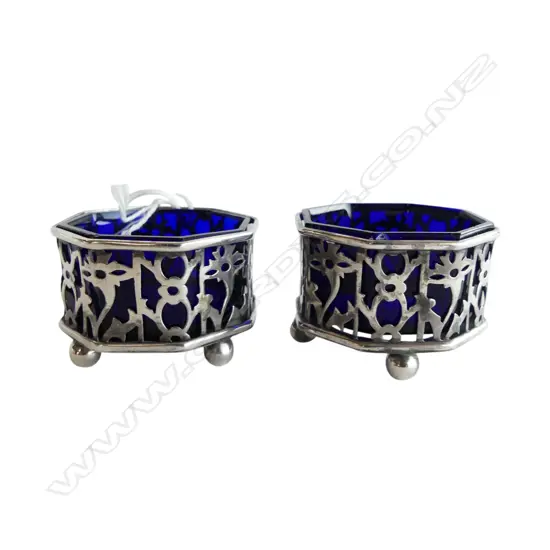 PR SILVER & BRISTOL BLUE octagonal SALTS pierced frames London 1904