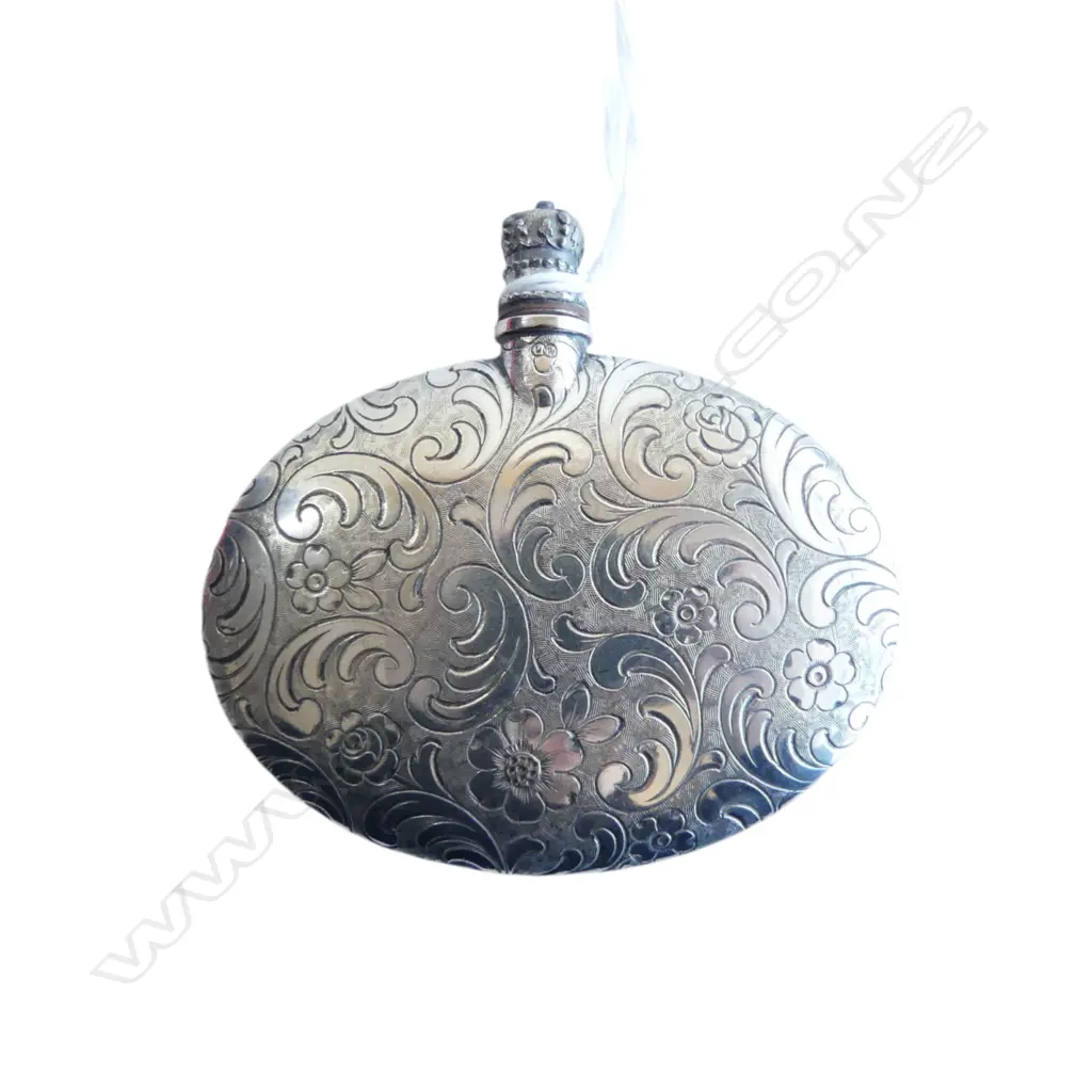 SILVER SCENT PHIAL / BOTTLE flattened flask form leaf scroll engraved 73 x 70mm silver plate crown screw lid Image 1++