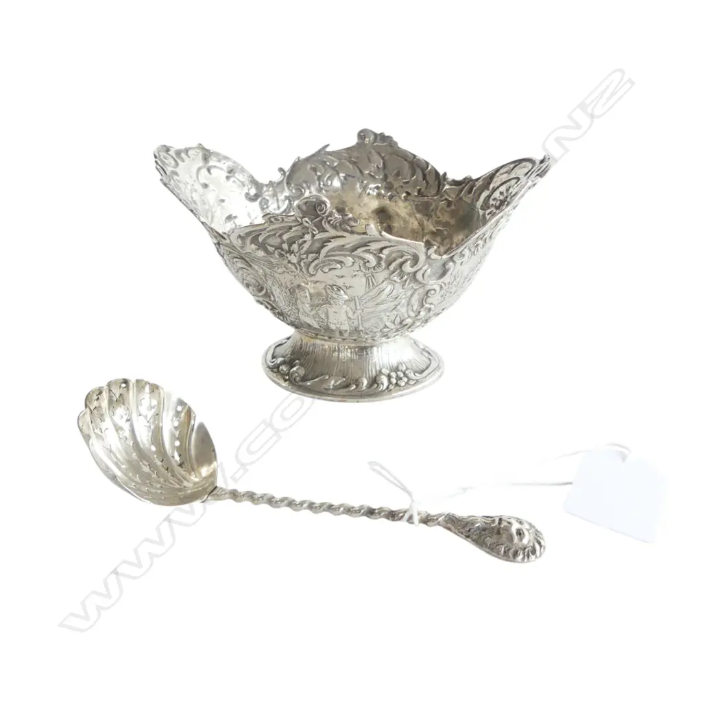 EUROPEAN SILVER BOWL w. ENGLISH HALLMARKS W.130mm + SIFTER SPOON, 162gms Image 1++