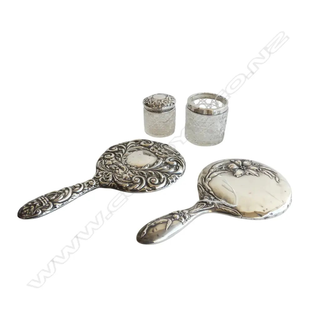 2 .925 SILVER VANITY MIRRORS INCLUDING ART NOUVEAU L.230mm + 2 STG SILVER & CRYSTAL STORAGE JARS (LID MISSING)  FAULTS Image 1++