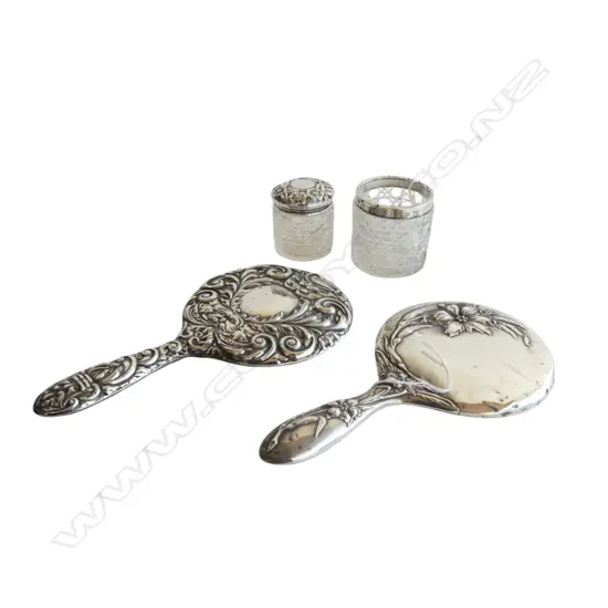 2 .925 SILVER VANITY MIRRORS INCLUDING ART NOUVEAU L.230mm + 2 STG SILVER & CRYSTAL STORAGE JARS (LID MISSING)  FAULTS
