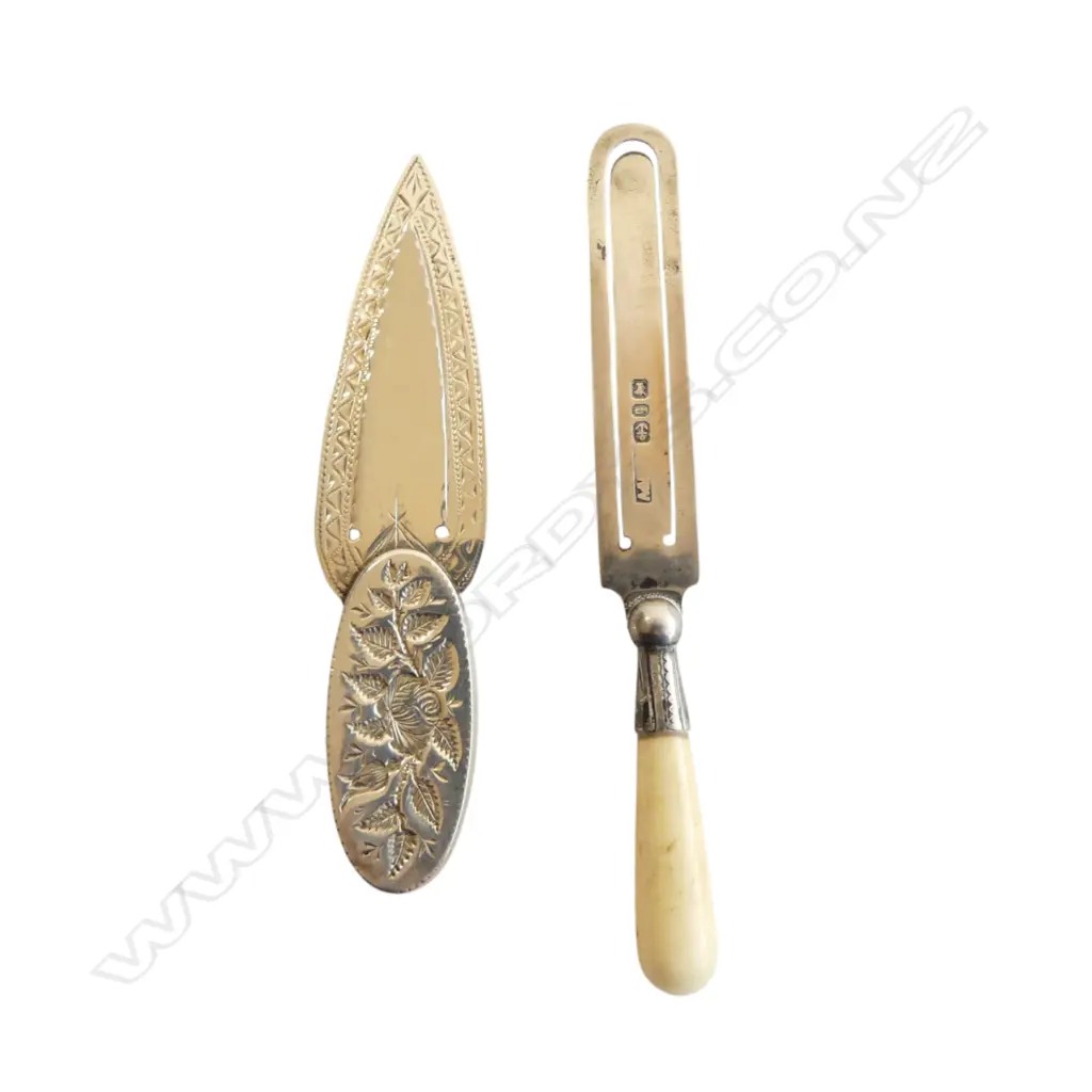 2 c1890 Birmingham SILVER BOOK PAGE MARKERS. 1 with ivory handle Image 1++