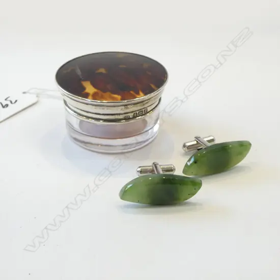 SMALL TURTLE SHELL & STG SILVER CAPED GLASS JAR + PR GREENSTONE CUFFLINKS