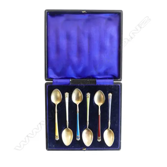 SET OF 6 STG & ENAMEL TEASPOONS, BOXED 48gms