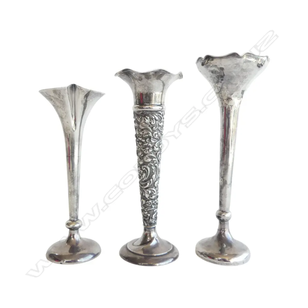 3 STG SILVER SPILL VASES H.195mm weighted & repairs Image 1++