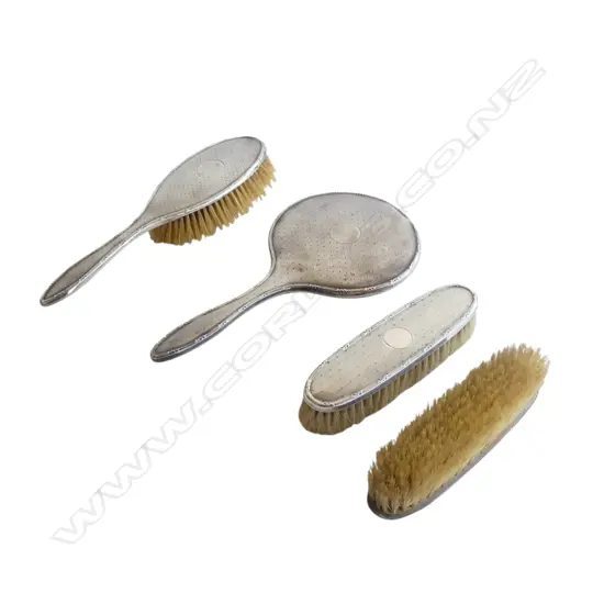 4 PCE SILVER BACKED DRESSING TABLE MIRROR & 3 BRUSH SET Chester 1910 WITH DENTS