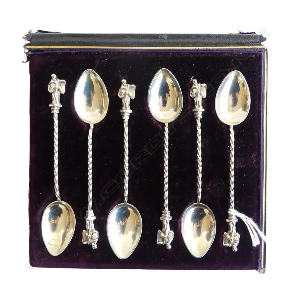 set SIX SILVER APOSTLE TEASPOONS Birmingham 1896 54gms in damaged box Image 1++