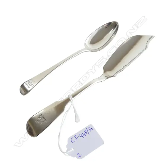 STG SILVER VICT. DESSERT SPOON + GEORGIAN FISH SERVER 92gms