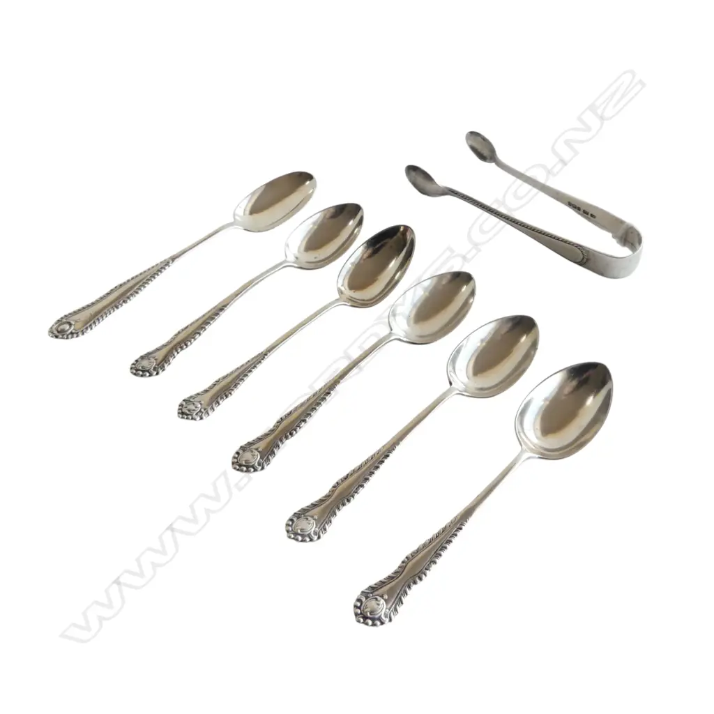 6 STG SILVER TEASPOONS BIRMINGHAM 1907 + STG SILVER SUGAR TONG 87gms Image 1++