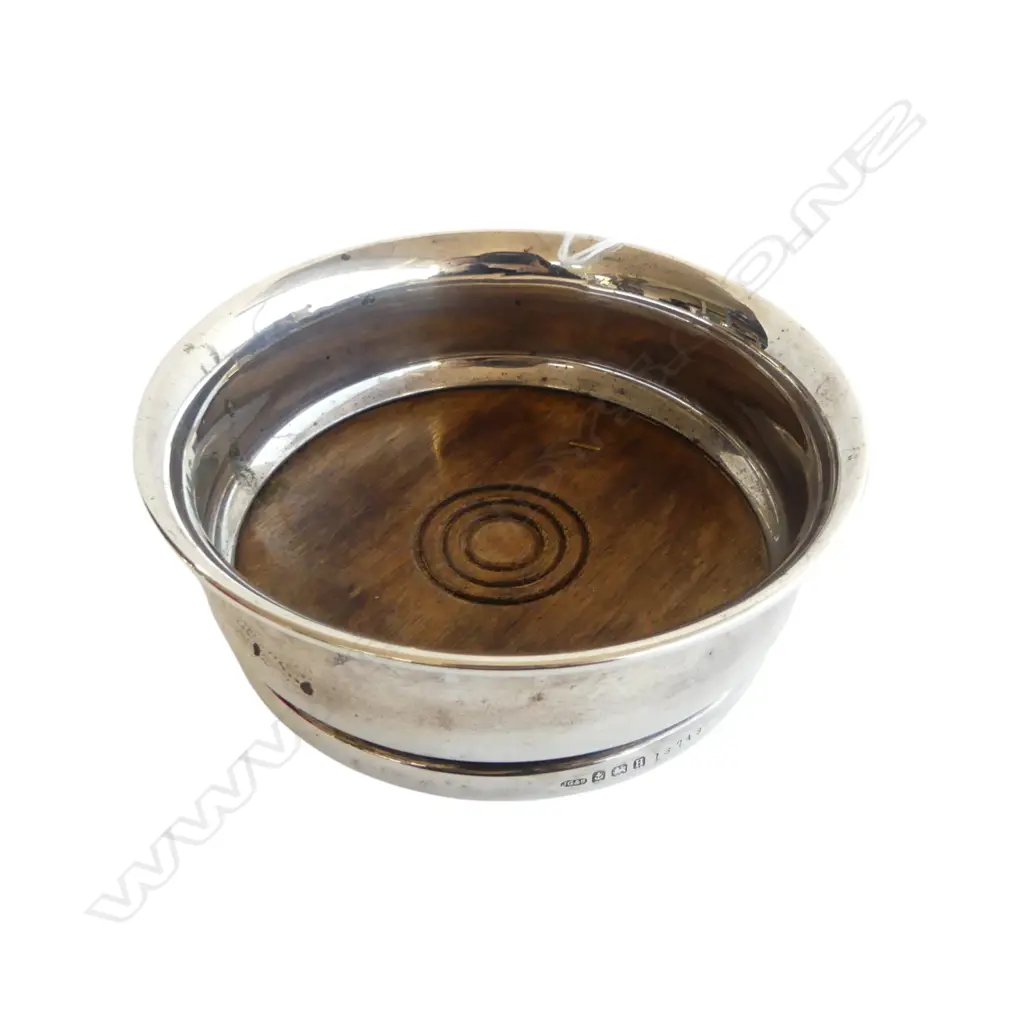 Birmingham 1932 SILVER BOTTLE COASTER baluster form with turned wooden base Dia.138mm Image 1++