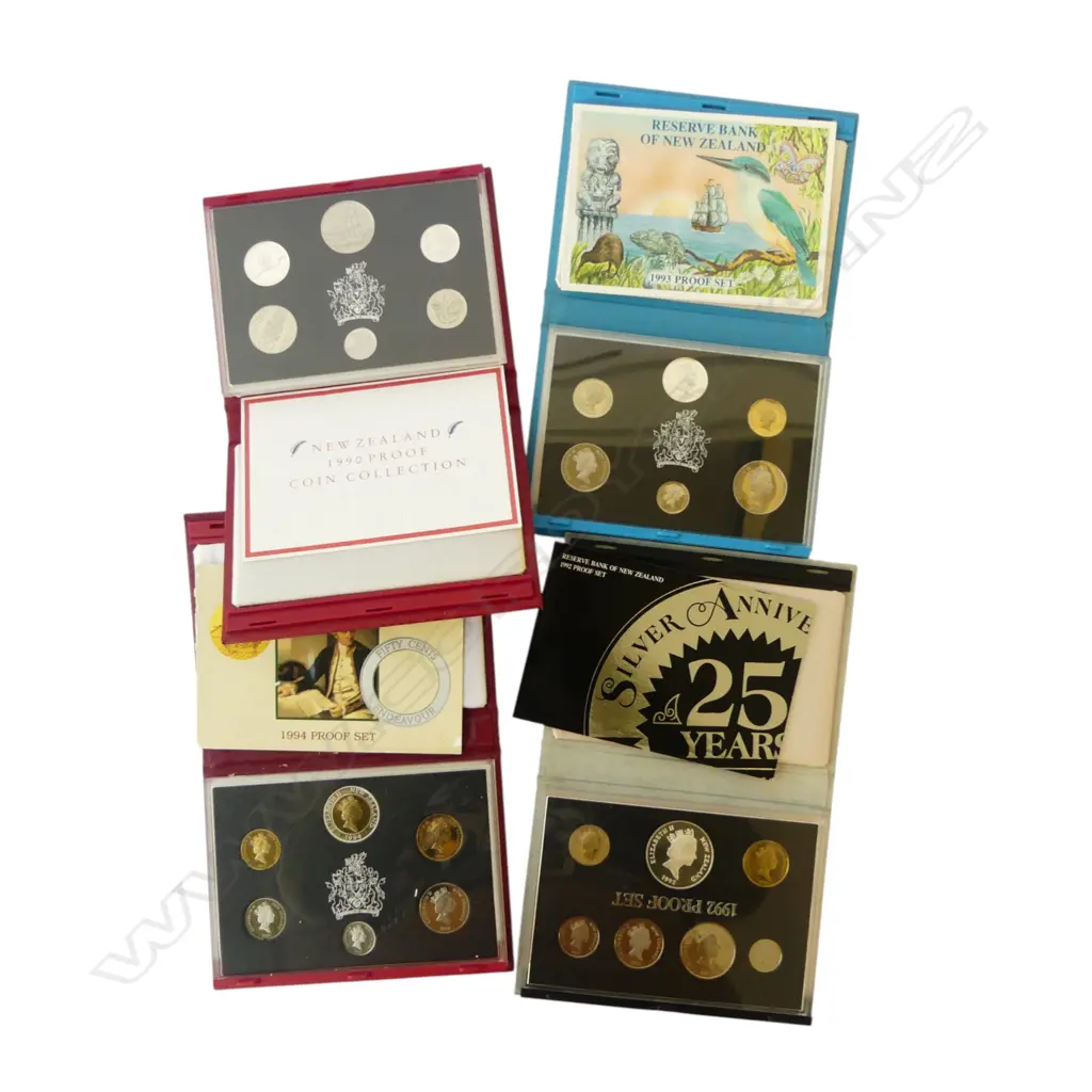 4 CASED NEW ZEALAND PROOF SETS; ASST. SILVER CAST COINS, total approx. 69gms Image 1++